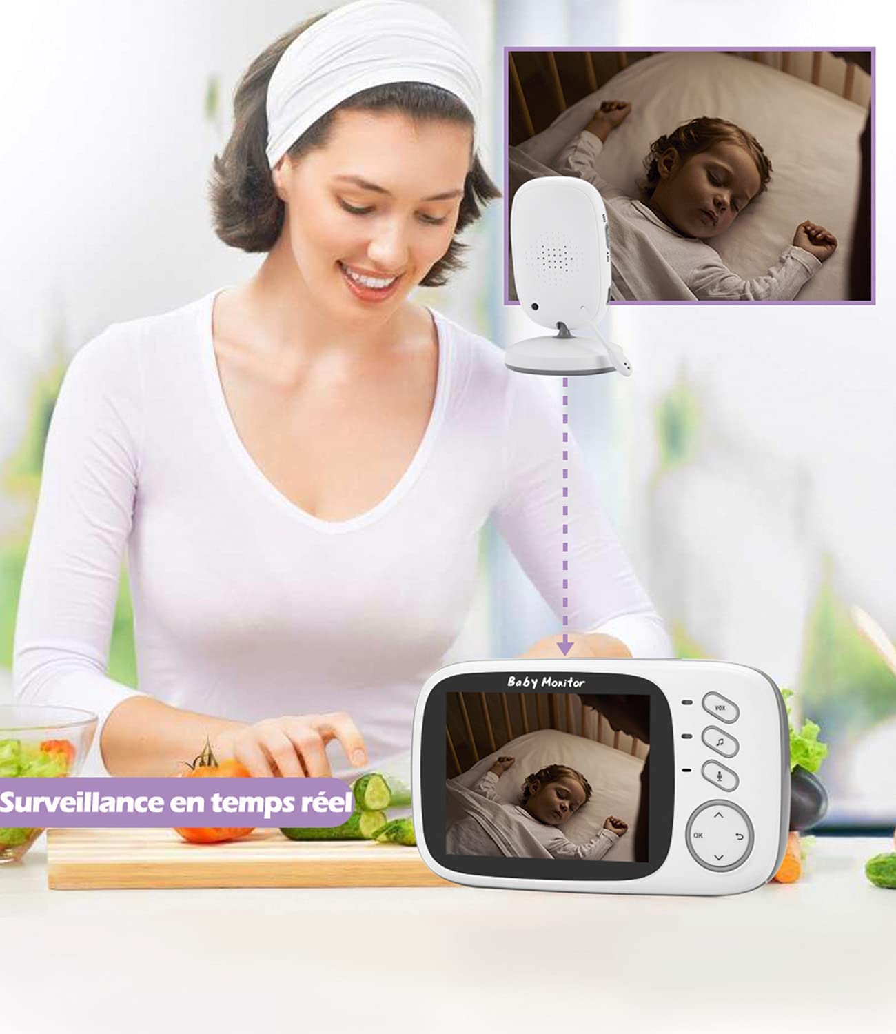 Babyphone Caméra Bébé Surveillance 3.2”LCD Visiophone sans Fil Baby Phone  Vidéo Longue Portée VOX Audio Communication Bidirectionnelle Vision  Nocturne Température Baby Monitor pour Chambre Bébé VB603 : : Bébé  et Puériculture